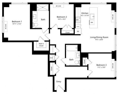 Floor plan for 3 beds, 2 baths